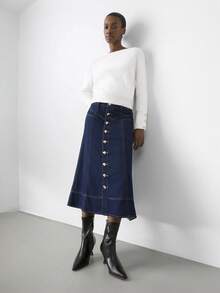 Maija Chân váy denim mini cài nút phía trước đa năng, thường ngày dành cho nữ - Rửa tối - Xem 7