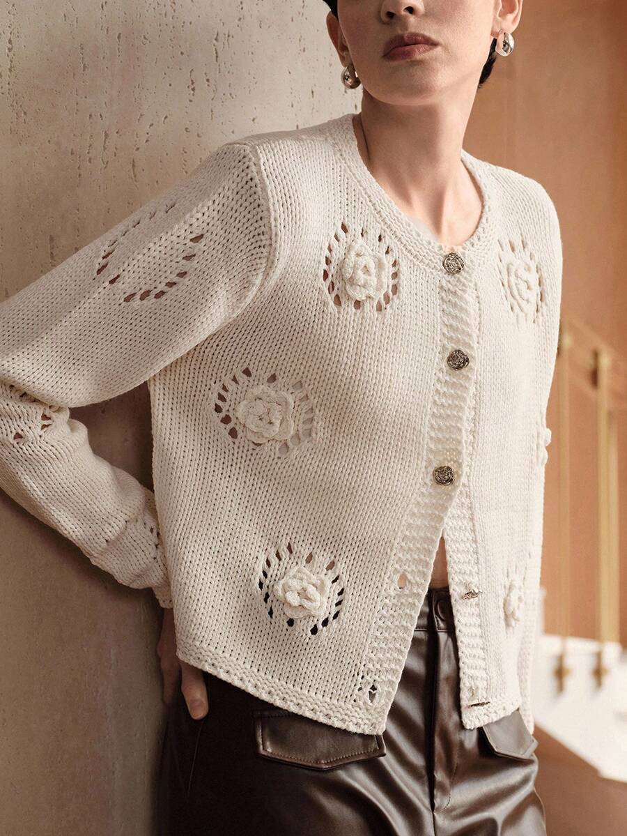 Uhlyne French Retro Fashion Romantic Minimalist Elegant Commute Generous Casual Daily Versatile 3D Handmade Crochet Hollow Round Neck Long Sleeve Women's Clothing, Suitable For Autumn/Winter, Fitted Cardigan In Beige - Beige - View 1