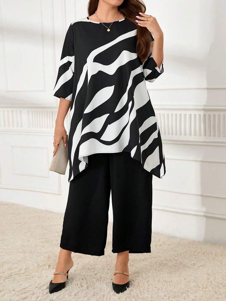 2pcs Plus Fashion Granny Fall Clothes Curvethanksgiving Women Outfit Size Casual Contrast Color Asymmetric Hem Top And Pants Set, Autumn