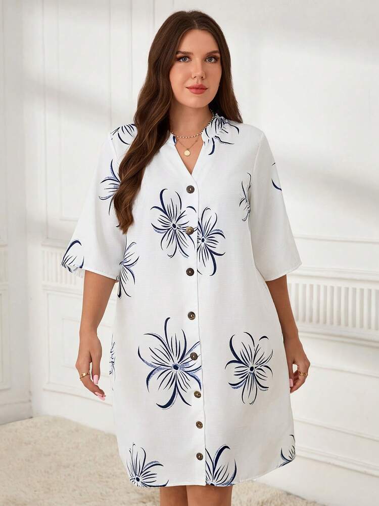 Robe blanche à manches 3/4 avec imprimé floral pour femmes grandes tailles