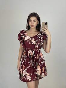 Elenzga 女式荷叶边 V 领束腰 A 字形花卉印花度假优雅浪漫连衣裙 - 彩色 - 查看 3