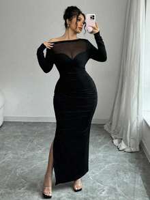 Arcane Artistry Black Asymmetrical Ruched & Mesh Panel Side Slit Dress For Plus Size Women Fall Cloth For Women - Black - View 5