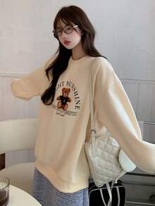 DAZY Áo nỉ cổ tròn lót nhiệt in hình gấu hoạt hình dành cho nữ, Thu/Đông - Vàng nhạt - Xem 7