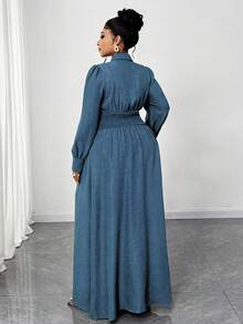 Maweii Vestido camisa casual de manga larga, de un solo pecho, con cintura ceñida, de unicolor, para mujer de talla grande - Azul - Ver 2