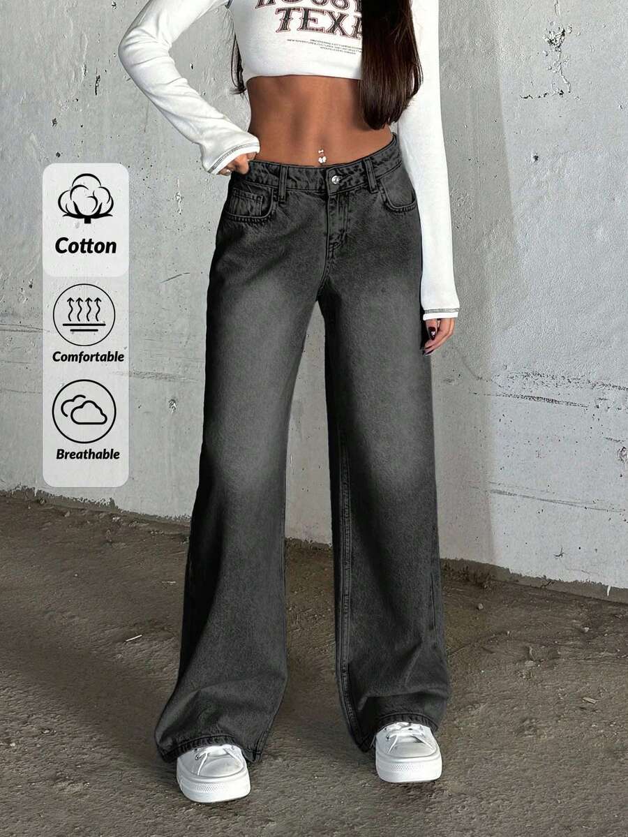 SHEIN Cottnline LOW RISE WIDELEG LIGHT BLUE PINKY JEAN - Dark Grey - View 1