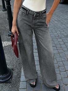 EURMUSE RueChic 100% Cotton Low Waist Wash Detailed Wide Leg Jean - Dark Grey - View 4