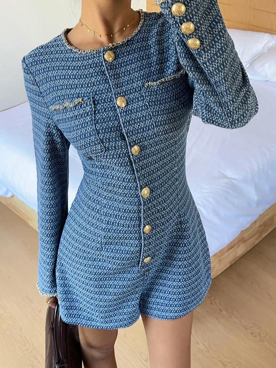 Siren Gaze Women's Blue Denim Jumpsuit, Elegant French Style Suit, Exquisite Jacquard Denim Material, Long Sleeve Sexy Jumpsuit #ChicAutumn Winter