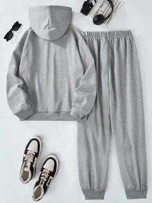 Fantacosmos 2pcs/Set Tween Boys Casual Bruh Letter Print Hooded Sweatshirt And Sweatpants, American Style Athletic Minimalist, Autumn/Winter - Light Grey - View 2