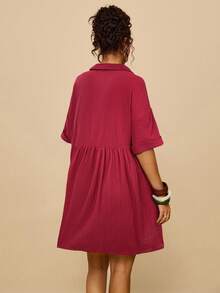 Travachic Plus Size Casual Cotton Floral Embroidered Black Shirt Collar Batwing Sleeve Patchwork Dress