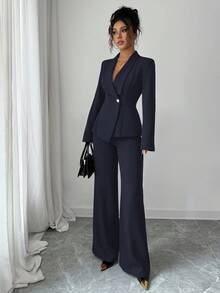 Elenzga Women's Suit Set, Suit Fabric, Lapel Collar, Long Sleeve, Waist Cinched A-Line Asymmetric Hem, Metal Button Decor, Sophisticated & Elegant For Office, Commute, Street Style, French Romantic, Casual, Middle Eastern Vintage, Afternoon Tea, Party, Thanksgiving, Back To School, Spring/Autumn/Winter - Navy Blue - View 4