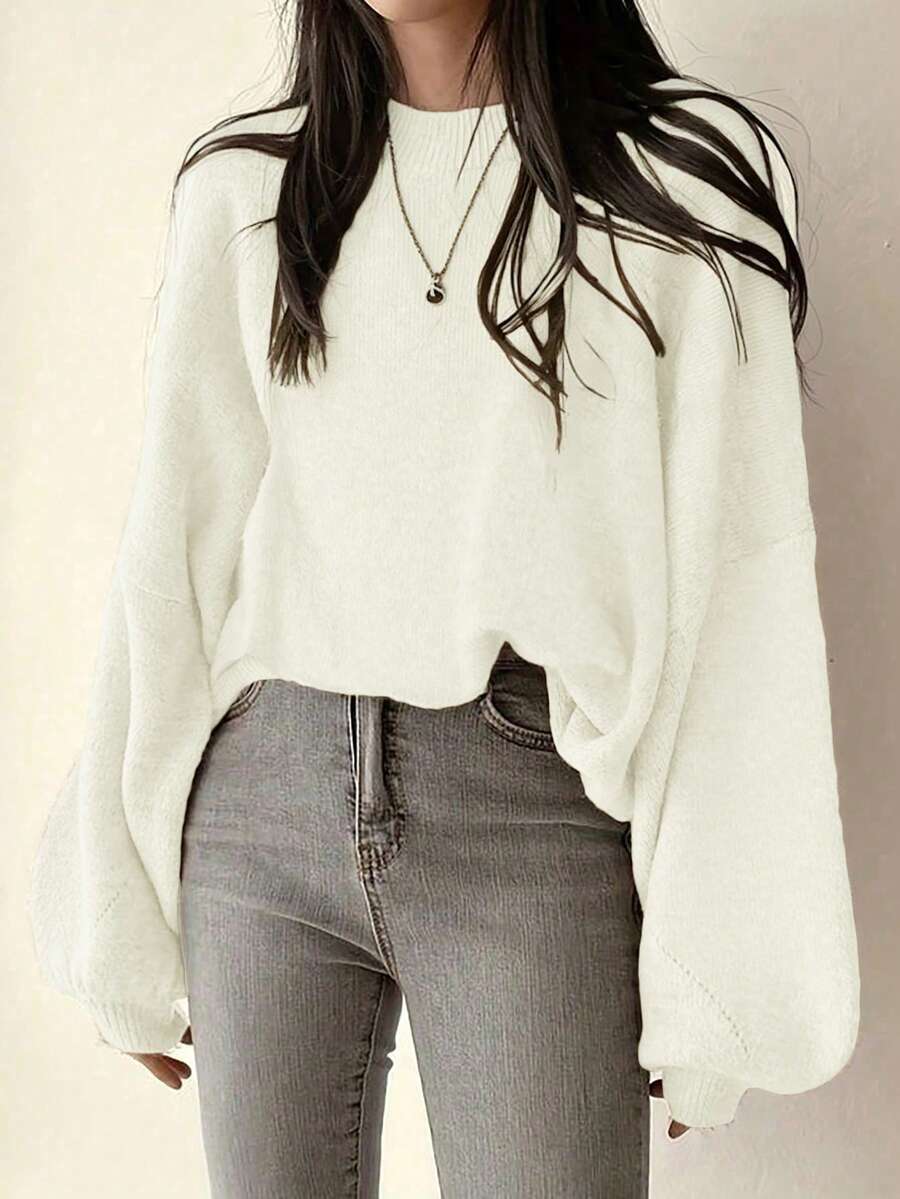 SoleilVie Sweater Rajut Lengan Panjang Kerah Bulat Model Longgar Gaya Prancis Kasual, Serbaguna untuk Musim Gugur/Musim Dingin - Krem - View 1