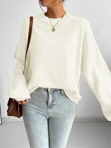 SoleilVie Sweater Rajut Lengan Panjang Kerah Bulat Model Longgar Gaya Prancis Kasual, Serbaguna untuk Musim Gugur/Musim Dingin - Krem - View 7