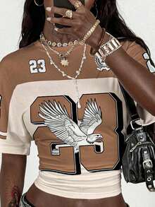 Slaydiva Women's Round Neck Short Sleeve Pleated Cropped Casual T-Shirt/Y2k Clothes/Streetwear/Back To School/Casual Street/Fit For Hip Hop/Women's Numeric Eagle Print Round Neck Short Sleeve Cropped Pleated T-Shirt