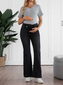 SHEIN 孕妇装秋季秋冬万圣节圣诞节新年纯色通勤度假 Ravel Old Money 风格优雅休闲喇叭裤女式黑色高腰喇叭牛仔裤时尚不对称纽扣设计喇叭裤牛仔裤别致黑色喇叭牛仔裤女式高腰独特不对称纽扣开合喇叭裤 - 黑色 - 查看 3