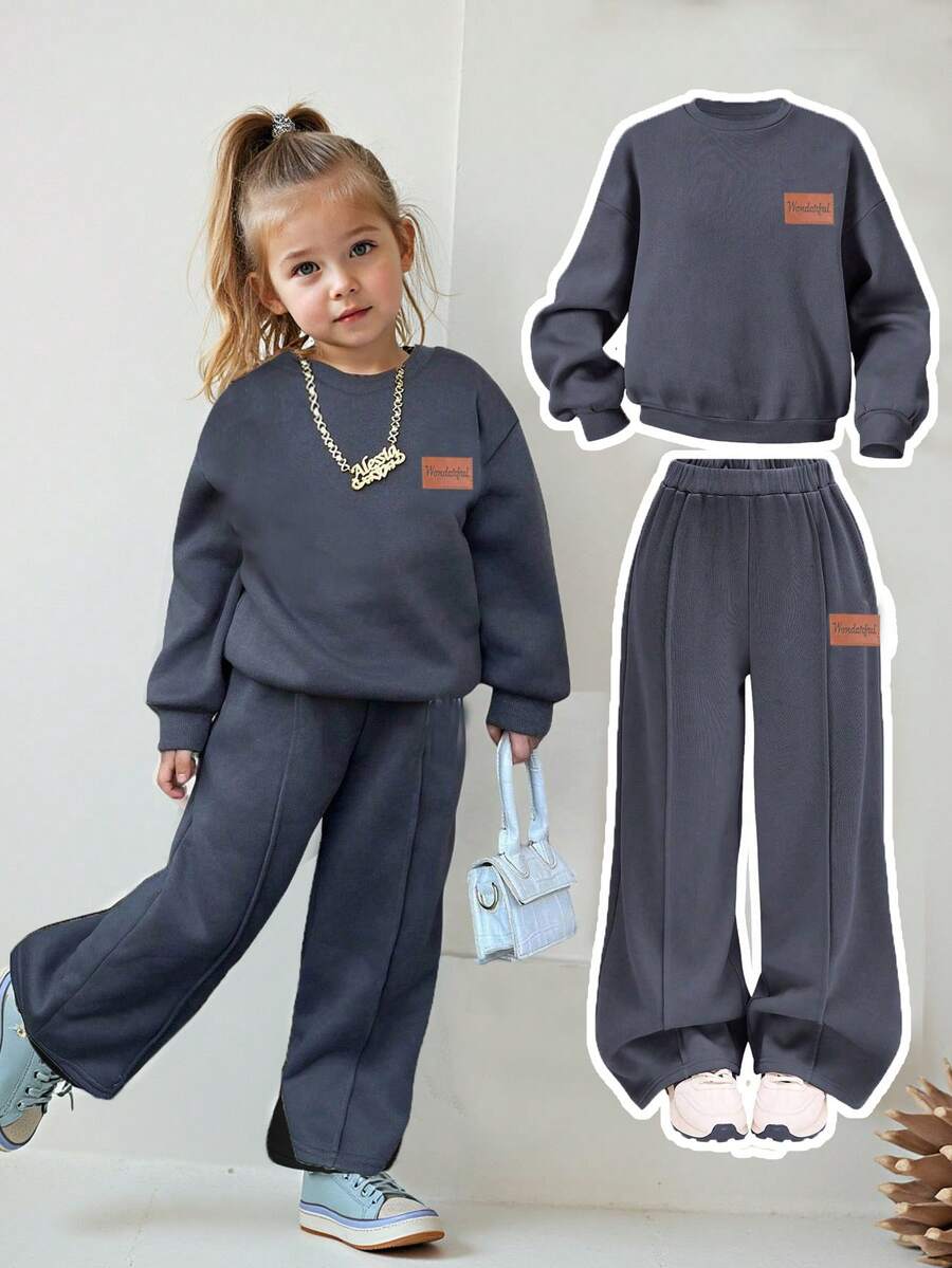 SHEIN Young Girl Tween,Teen Girl Casual Cute Pu Letter,Heart Print Knit Solid Color Loose Drop Shoulder Long Sleeve Sweatshirt & Wide Leg Sweatpants Set Fall Winter Kid 2 Pieces Set,Y2k Girl.Black,Mommy & Sisters & Me Matching,Autumn Winter,Halloween,Christmas.School Daily,Back To School,Home Wear,Holiday,Vocation. - Grey - View 1