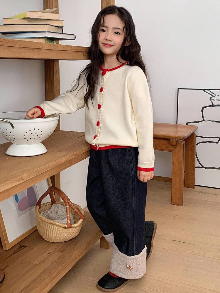 Young Girls Round Neck Contrast Color Heart Korean Style Long Sleeve Cardigan, Autumn/Winter