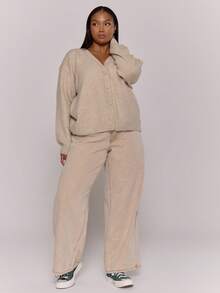 MUSERA Plus V Neck Button Through Knit Cardigan , , Winter, , Holidays, Cosy, Cute Festive New Year - Apricot - View 5