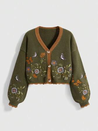 Fairycore Vintage Blumen bestickter Damen Cardigan, inspiriert von der Natur