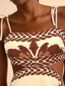 CAJUNI Women Boho Banana Tree And Pineapple Print, Hollow Waist Back Binding Sleeveless Pink Dress, Holiday Casual Summer Dress