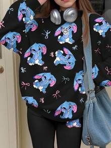 SHEIN 2pcs Tween Girls Casual Soft Round Neck Long Sleeve Sweatshirt & Leggings Set, Featuring Cute Cartoon Blue Rabbit Lulu, Bow, Stitch Pattern, Suitable For Autumn/Winter - Multicolor - View 3