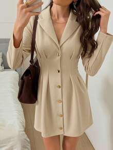 Easowa 优雅长袖西装连衣裙，棕色腰部收紧女式迷你连衣裙，秋冬 - 杏色 - 查看 3