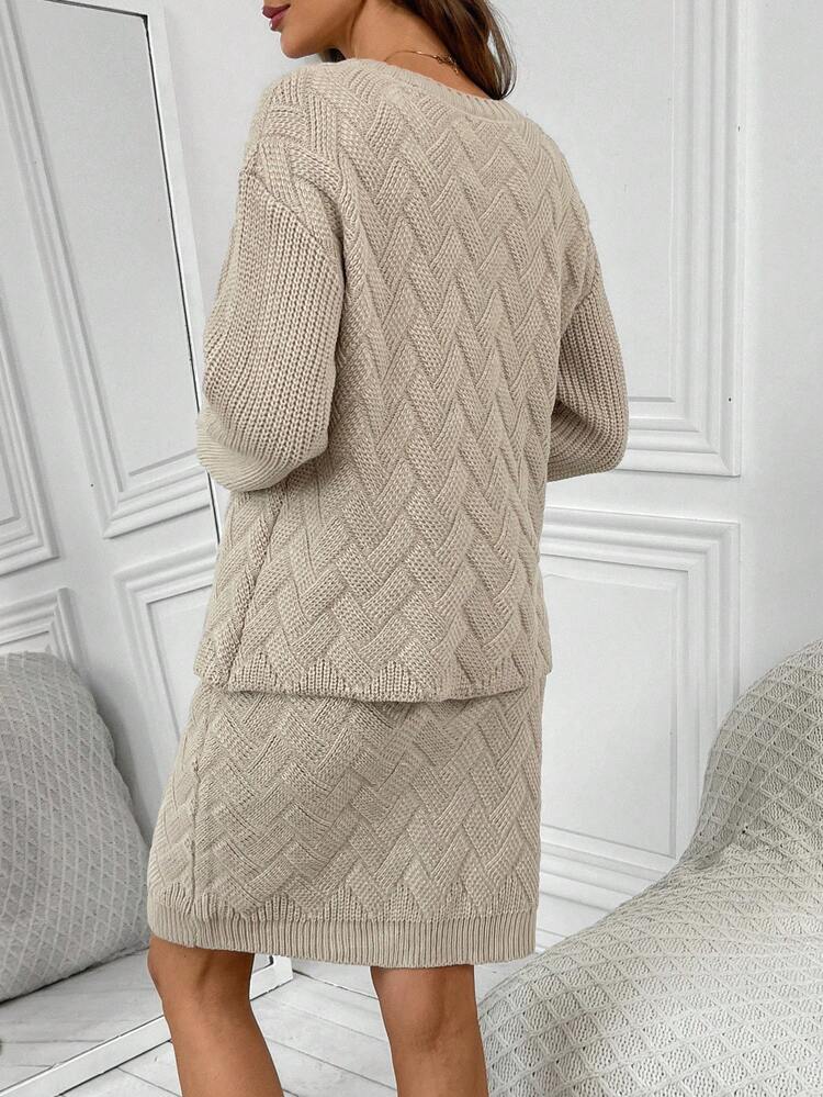 Women's Casual Solid Color Knitted Sweater And Skirt 2 Pieces Set, Autumn/Winter  Autumn Outfits For Women   Elegant Women's Set  Casual Sets For Women