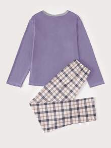 2件套青少年女孩格子裤和英文字母印花长袖休闲家居服套装 - 彩色 - 查看 2