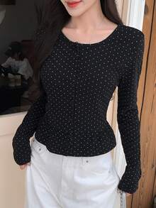 DAZY 女式圆点印花休闲长袖单排扣T恤 - 黑色 - 查看 3