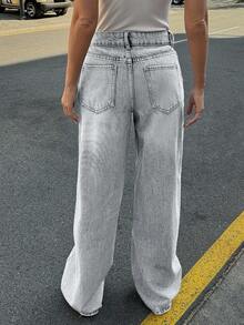 SHEIN Cottnline RueChic 100% Cotton Low Waist Wash Detailed Wide Leg Jean - Grey - View 2