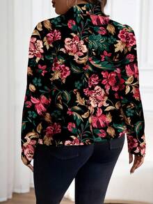 Reflora Plus Size Women's Floral Print Long Sleeve Open Front Elegant Short Jacket, Fall Women Clothes - Black - View 2