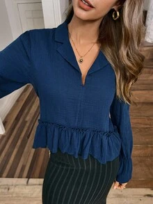 LanaWest Women's Boho Style Navy Blue Collar Long Sleeve Ruffle Hem Loose Casual Vacation Solid Color Shirt - Navy Blue - View 6