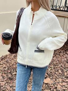 Livesso Women's Casual Cardigan With High Collar And Raglan Sleeves, Autumn - Black and White - View 4