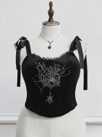 EDITION Canotta con scollo quadrato in pizzo, patchwork con ricamo a ragnatela gotica, strass e pizzo, taglie forti, per donne, con lacci