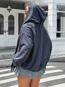 SHEIN EZwear 大码标语及人物图案落肩拉链卫衣，爱的使者，秋冬季 - 深灰色 - 查看 2