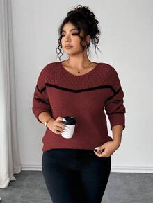 Elenzga Christmas Plus Size Women Sweater, Knitted Hollow Out Ribbed Hem Colorblock Striped Long Sleeve Pullover Casual Versatile Sweater - Burgundy - View 4