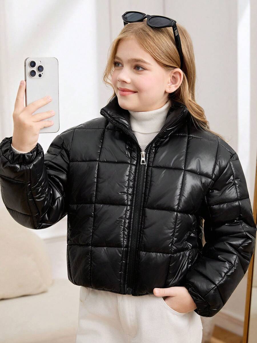 Retro American Cropped Padded Coat - Black - View 1