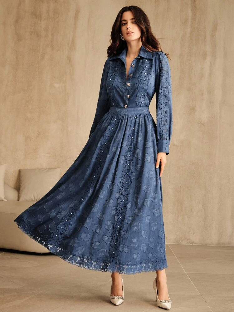 Zestaw 2 szt.: Elegancka bluzka i spódnica z koronką w jednolitym kolorze dla dojeżdżających do pracy