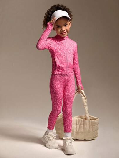 SHEIN 2pcs/Set Young Girls' Fuchsia Leopard Print Active Jacket & Leggings Set, High Stretch Comfortable Fabric, Slim Fit, Suitable For Running, Fitness, Tennis, Badminton