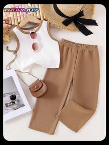 SHEIN 2 件装少女休闲针织米色上衣/背心和卡其裤，儿童日常舒适夏季服装