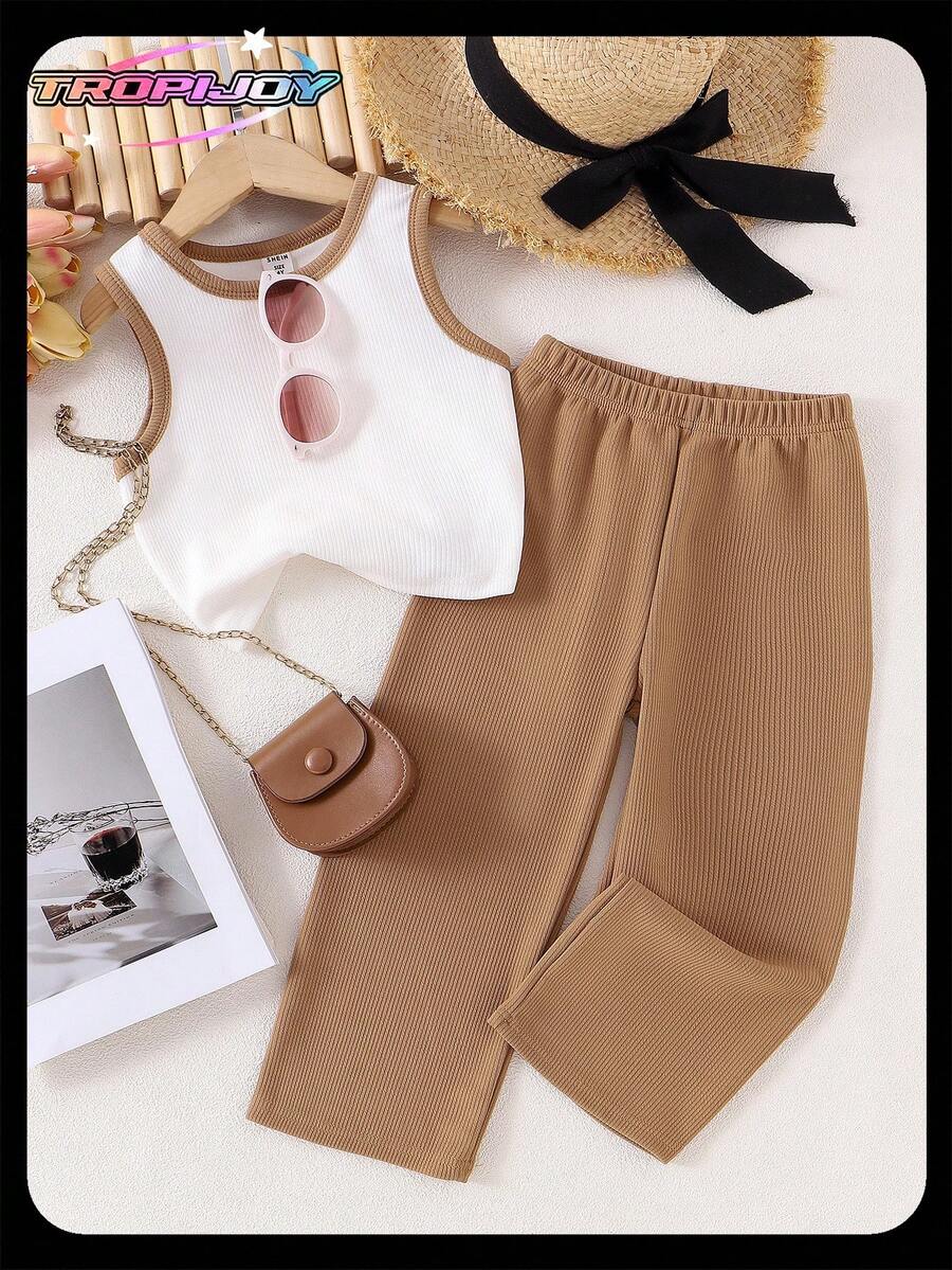 SHEIN 2 件装少女休闲针织米色上衣/背心和卡其裤，儿童日常舒适夏季服装