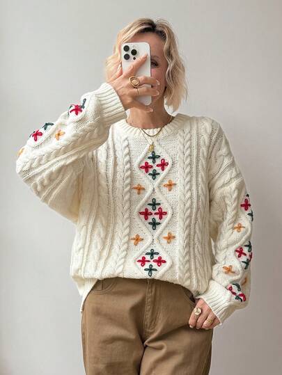 Vivie Lora Women's Loose Fit Fair Isle Knit Sweater