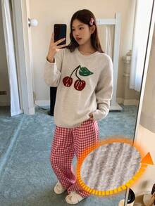 DAZY Women's Cherry Pattern Knitted Top And Plaid Pajama Pants Sleepwear Set, Winter Fall Clothes