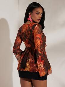 Opulessa Top da donna con scollo a V, maniche a campana e stampa in maglia, adatto per vacanze, Ognissanti, Natale, Capodanno, Ringraziamento, feste eleganti, matrimoni in autunno/inverno, laurea - Arancione - Visualizzare 2