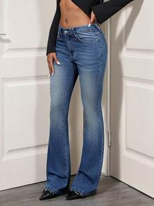SHEIN Tall Women's Casual Versatile Flare Jeans With Pockets - Medium Wash - View 3
