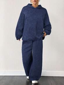 SHEIN EZwear 海军蓝加大码长袖连帽衫和裤子两件套 - 藏蓝色 - 查看 3