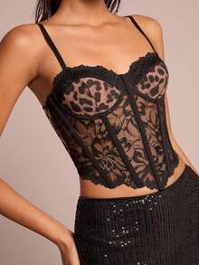 SHEIN Glamour 性感豹纹撞色蕾丝钢圈鱼骨花吊带背心女 - 彩色 - 查看 3
