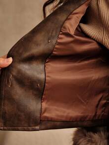 SHEIN 少女休闲长袖双排扣毛领夹克，秋冬 - 酒紅色 - 查看 12