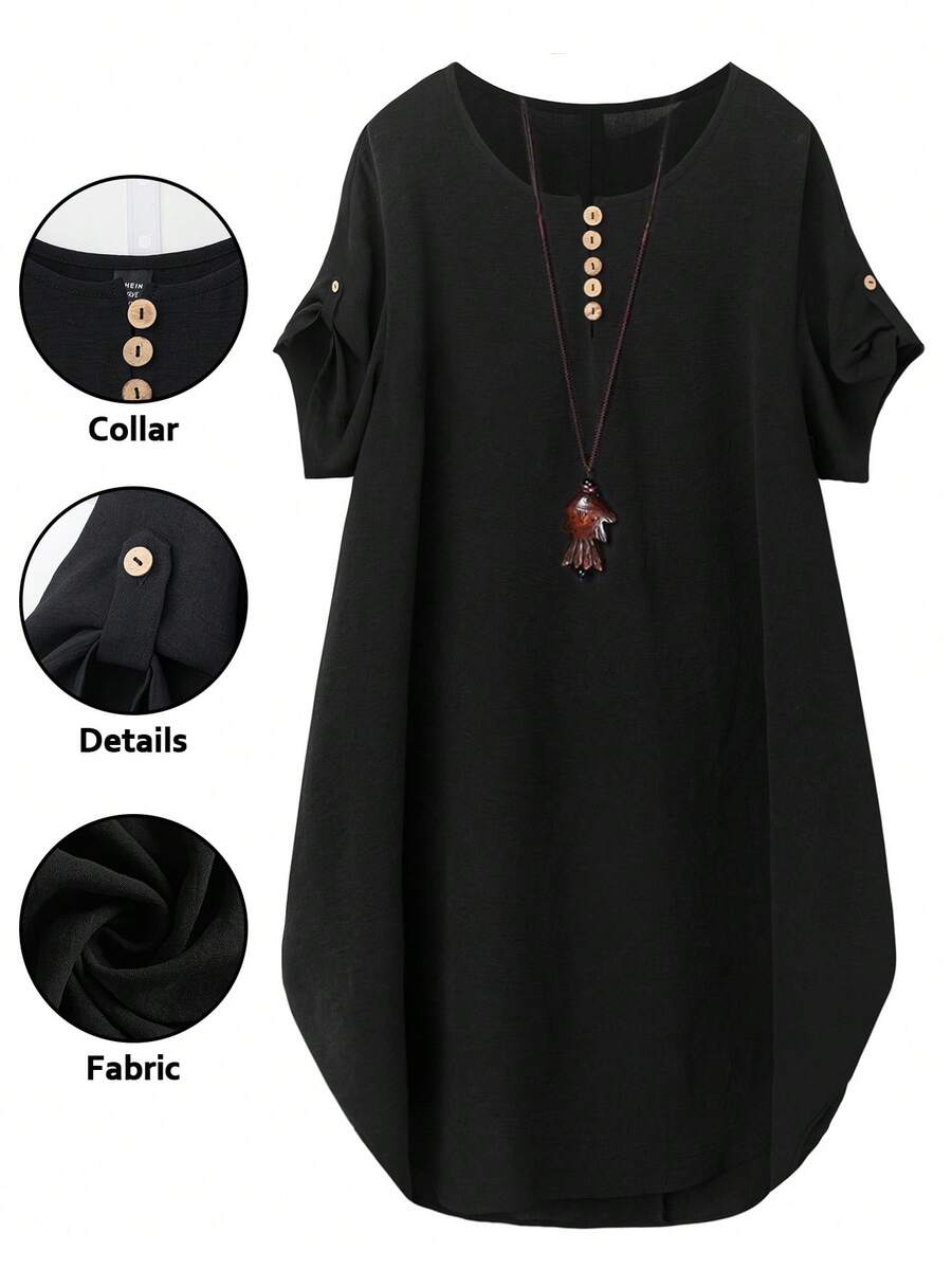 Linhara Plus Size Women Round Neck Short Sleeve Casual Comfortable Design Sense Dress, Suitable For Daily Commute Wear - Black - View 1