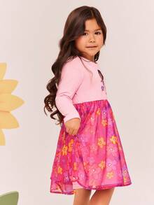 DORA | SHEIN Vestido de niña con cuello redondo, contraste de malla y vuelo, con gráfico de dibujos animados, color rosa - Rosa - Ver 3