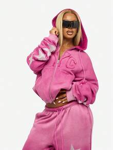 SUMWON WOMEN 棉质水钻星星装饰超大抽绳带中心口袋连帽衫 - 玫紅色 - 查看 5